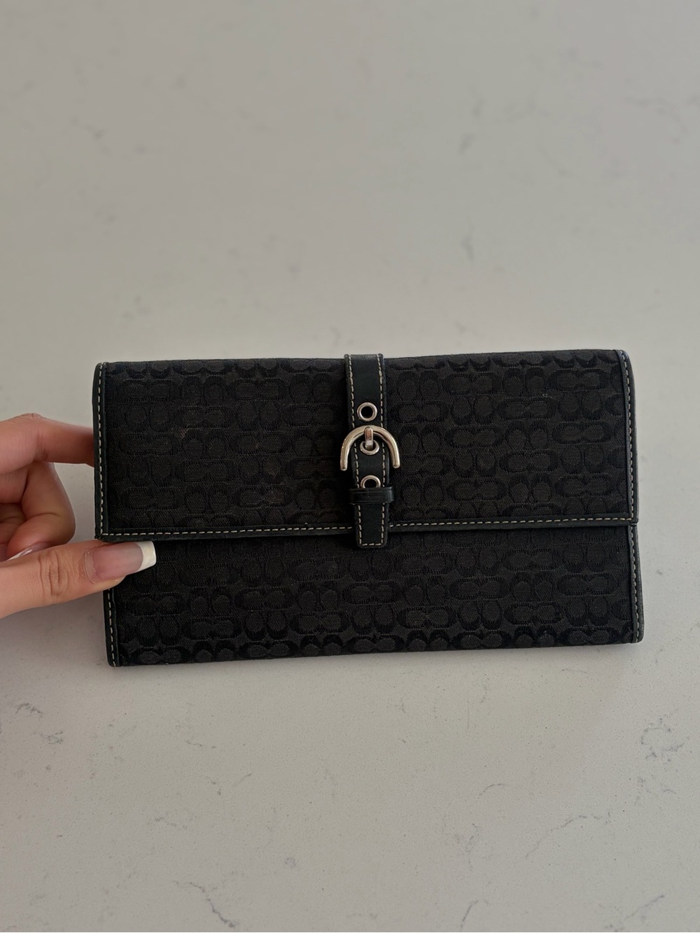 Coach Black Signature Checkbook Wallet Buckle Front Long Wallet